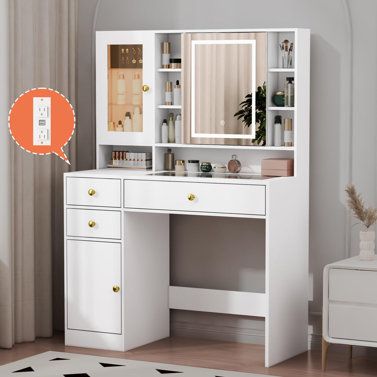 Vanity Desk with LED Lighted Mirror and Jewelry Organizer & Glass Top and Charging Station, Makeup Vanity with 3 Drawers and 2 Storage Cabinets & Hidden Compartment, Dressing Table for Bedroom, White