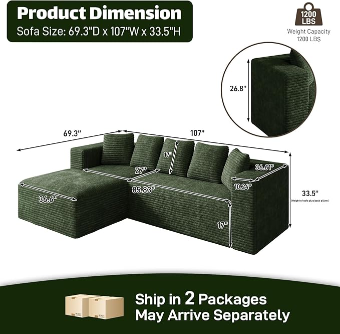 Modular Sectional Sofa, 107" L Shaped Cloud Couch Plush Corduroy Deep Seat Boneless Sofas with 5 Pillows Long Chaise Lounge Couches Memory Foam for Living Room - Green, Left Facing Chaise