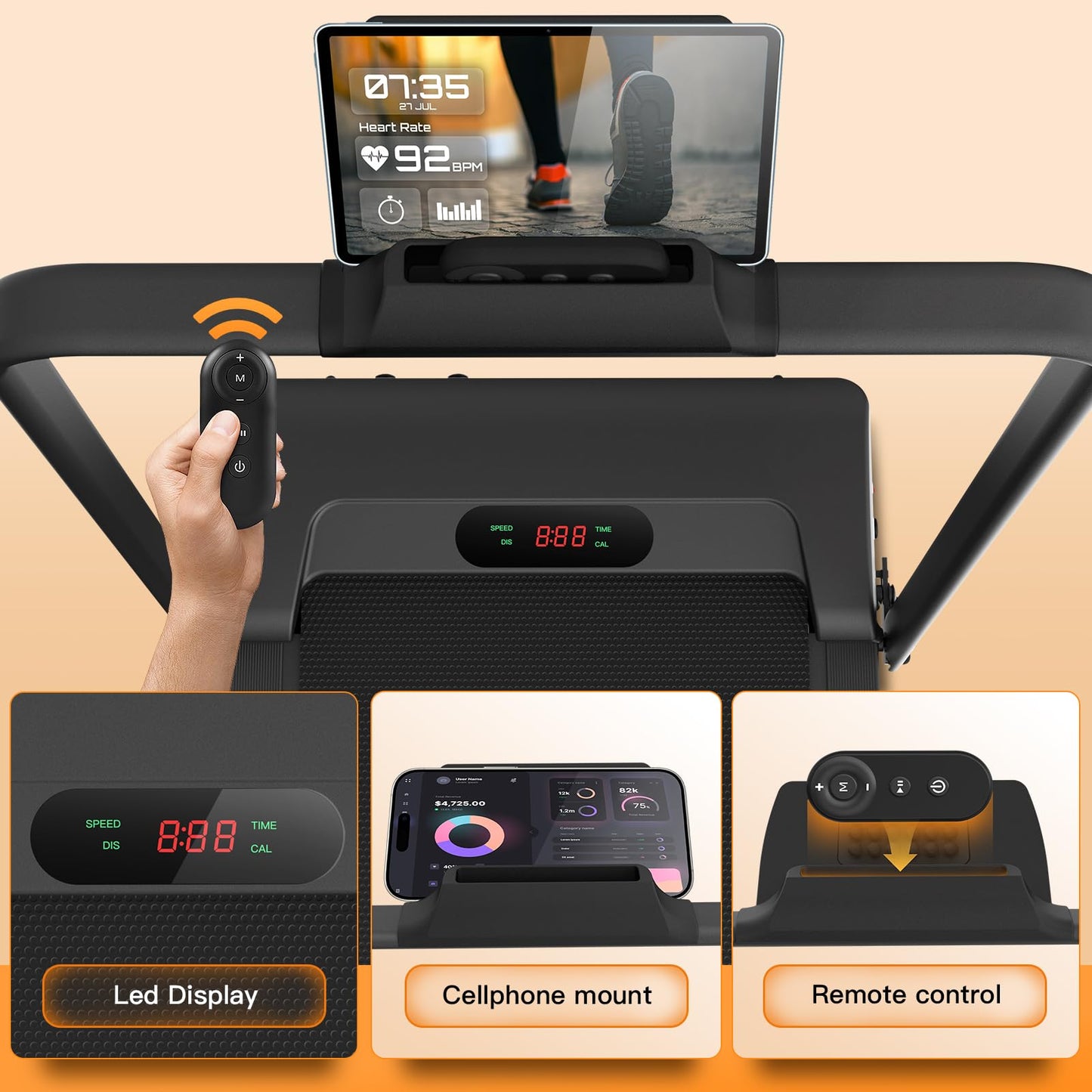 Under Desk Treadmill with Incline, 300lbs Walking Pad with Handle Bar& Remote Control, 2.5HP Folding Treadmill for Home/Office, Installation-Free Jogging Running, Black White