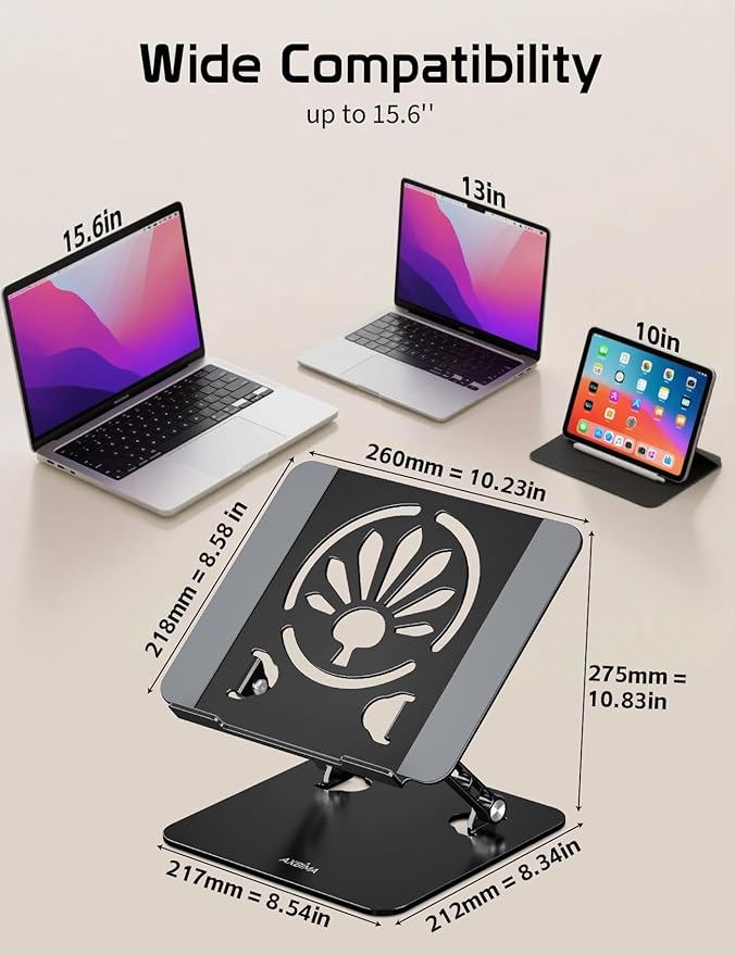 Axbima Aluminum Laptop Stand for Desk – Adjustable Ergonomic Laptop Riser, Foldable & Portable Holder Fit for MacBook & 10"-16" Laptops for Office, Home & Travel,Black