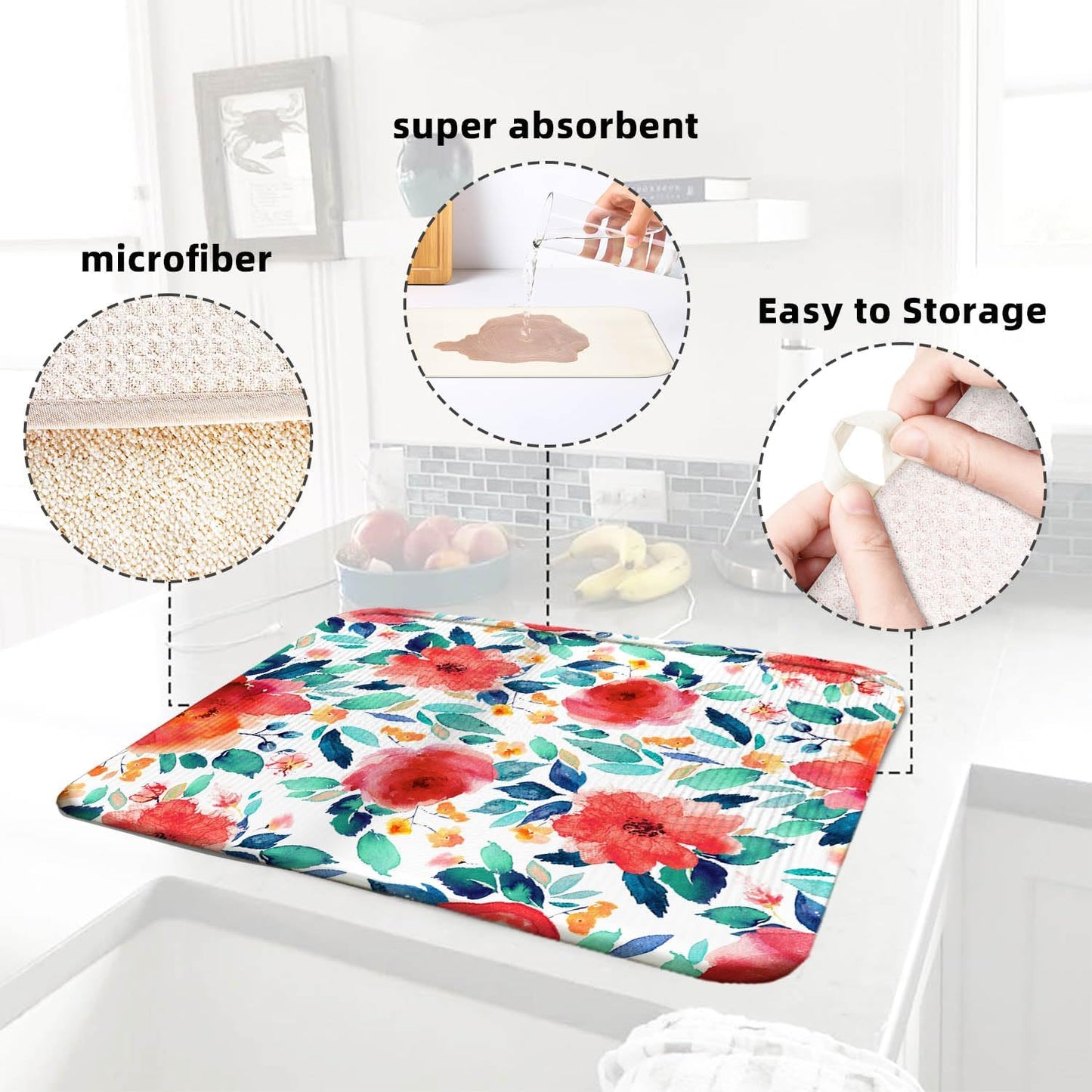 Spring Red Floral Large Dish Drying Mats, Reversible Dish Drying Pads for Kitchen Counter Foldable and Stored in a Drawer,18"x24" Extra Large Draining Mat Protect for Kitchen,Bar Counter,Coffee Make
