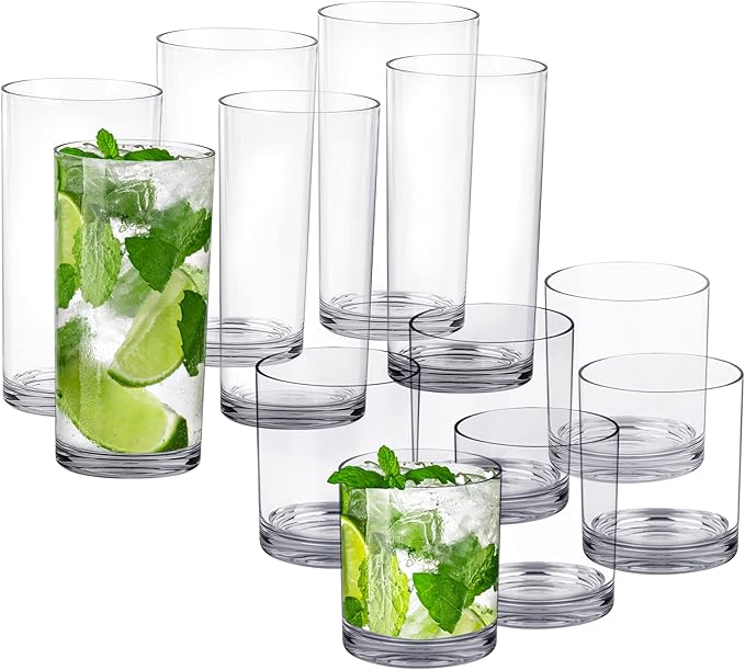 Tiawudi 12 Pack Plastic cups, Clear Tumblers, 6 each: 12 ounce and 16 ounce Water Drinking Cups, Reusable Drinking Glasses...