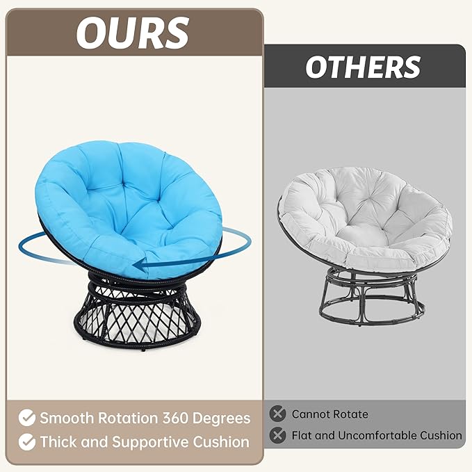 40" Ergonomic Wicker Papasan Chair, 360° Swivel Indoor Outdoor Rattan Chair with Soft Thick Cushion, Ideal for Living Room, Bedroom, Reading Room, Black Frame with Blue Cushion
