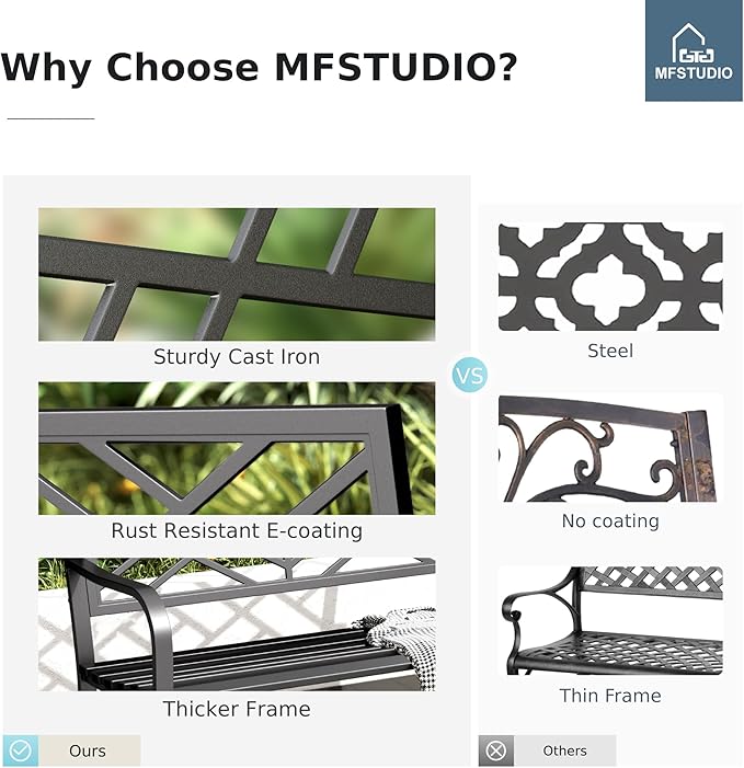 MFSTUDIO Outdoor Metal Bench Set of 2, Garden Patio 43.7 Inches Cast Iron Metal Frame Park Outside Benches with Geometric Pattern Backrest for Front Porch, Black