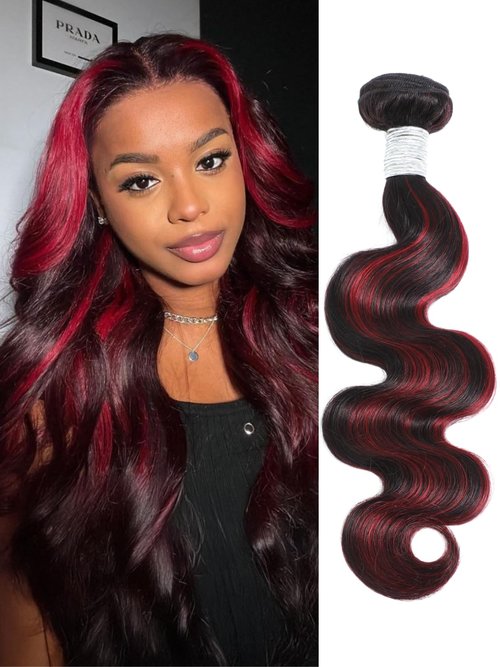 AUROO 99J Burgundy Highlight Body Wave Single Bundles 24 inch, 12A 100% Virgin Burgundy and Black Colored Human Hair Single Bundles Thick Track Ombre Red 99J Brazilian Quick Wavy Weaves Sew In Remy