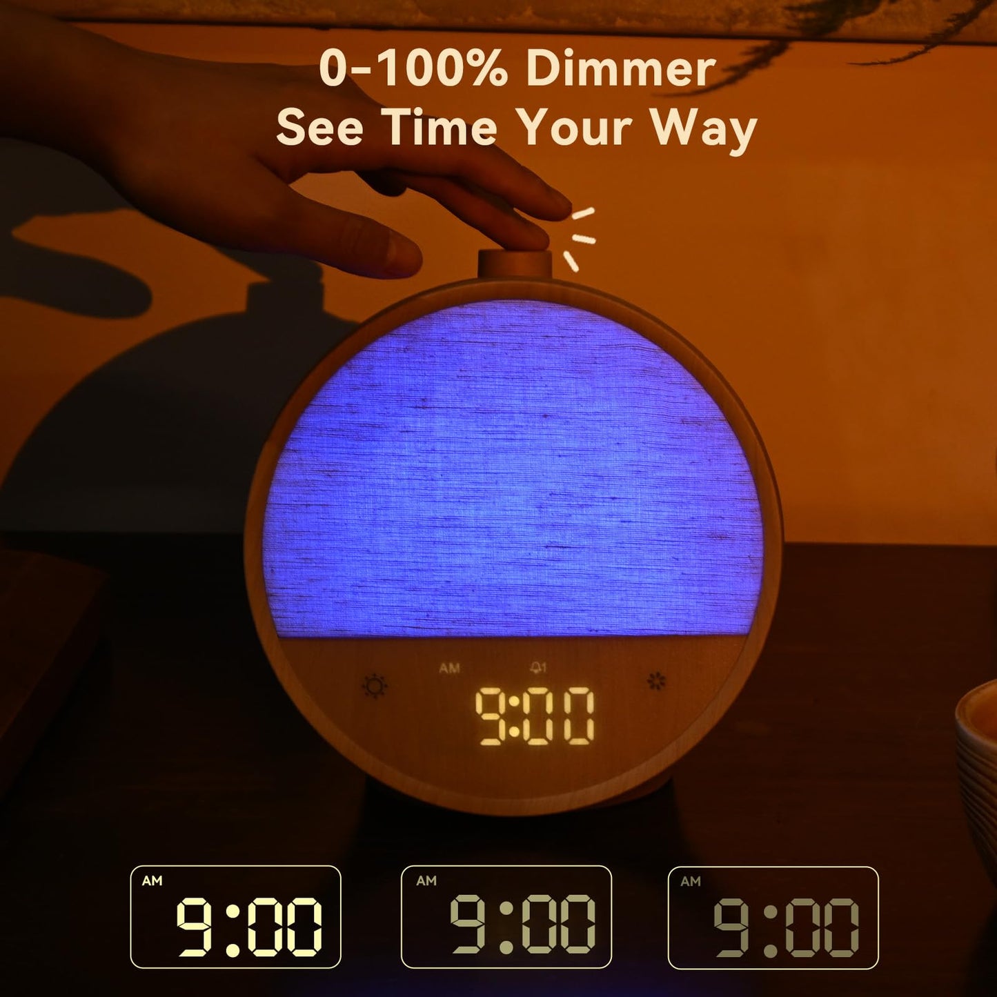 Vivilumens Wood Grain Sunrise Alarm Clock, Gentle Wake-Up Light Sound Machine, Dual Alarms for Heavy Sleepers, Natural Sounds, RGB Mood Light, Dimmable Bedside Night Lamp, Ideal for Bedroom & Gifts