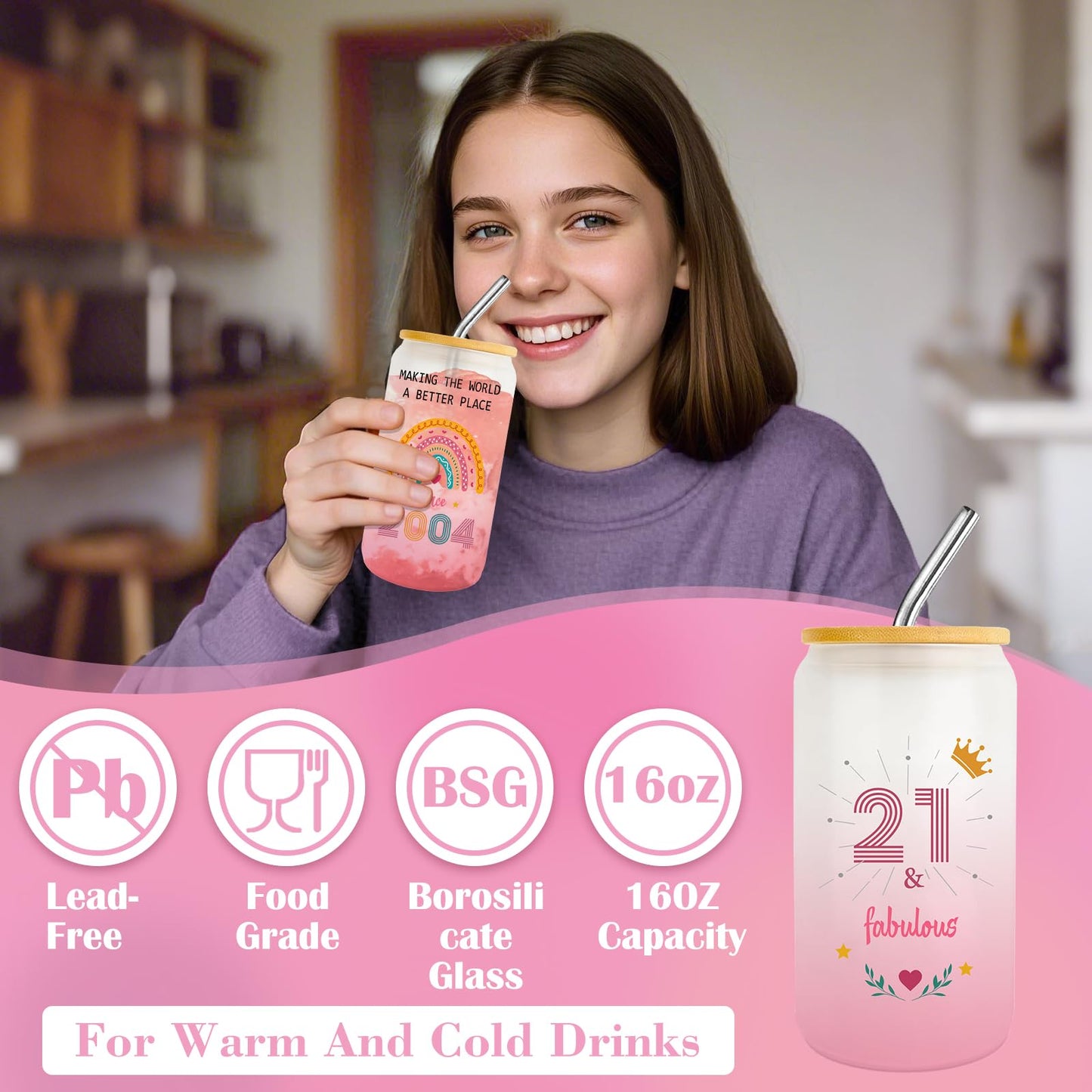 Unipinkart 21st Birthday Gifts for Her, Unique 21 Year Old Birthdays Gift for Women Bestie Sister Niece, Cool Happy 2004 Female Daughter Decorations Presents Basket Idea Glass Cup Sock