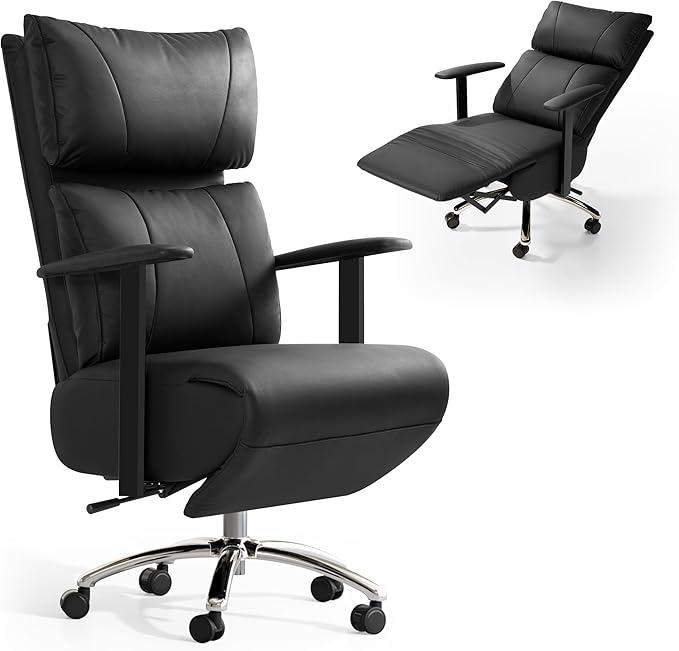 OKUP Reclining Office Chair with Adjustable Headrest and Footrest, 170° Ergonomic Comfortable Office Chair Zero Gravity, Leather Executive Home Office Desk Chair (Black)