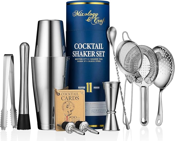 Bartender Kit with Stainless Steel Boston Shaker Bottle | 11-Piece Cocktail Shaker Set with Weighted Design, Premium Bar A...