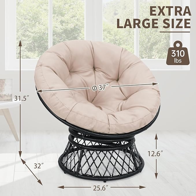 40" Ergonomic Wicker Papasan Chair, 360° Swivel Indoor Outdoor Rattan Chair with Soft Thick Cushion, Ideal for Living Room, Bedroom, Reading Room, Black Frame with Beige Cushion