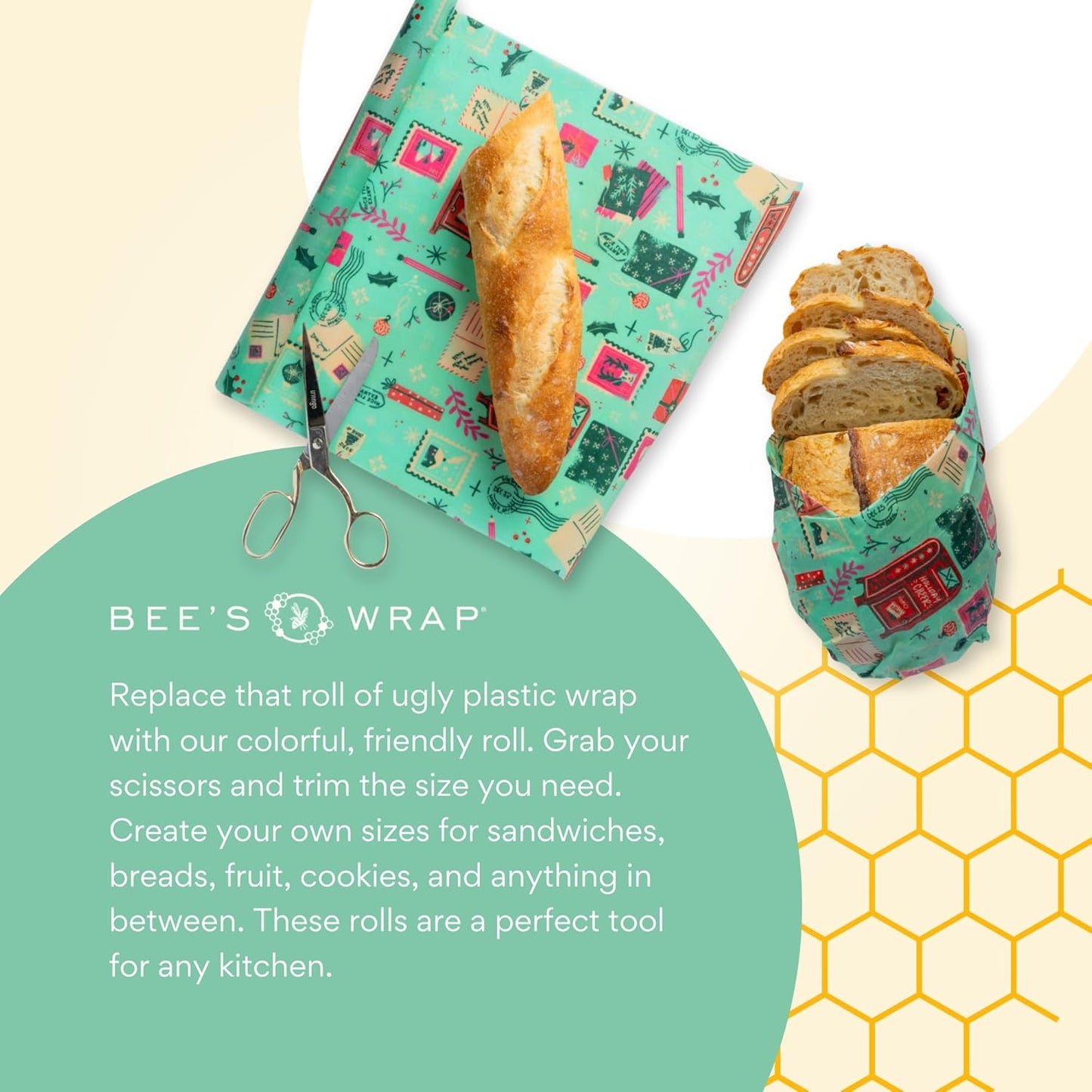 Bee's Wrap Beeswax Wraps for Food - Cut to Size Wax Paper Roll - Made in USA Reusable Waxed Paper & Bowl Covers - Organic & Eco-Friendly Alternative to Aluminum Foil & Plastic Wrap, Seasons Greetings