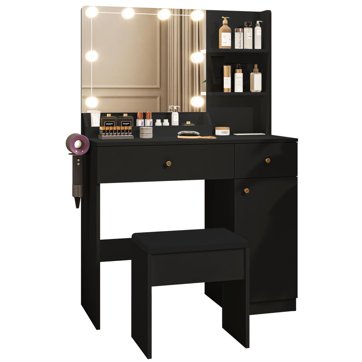 Yegosh Vanity Desk 35.4 Inch Makeup Vanity Table with Mirror and Lights Drawers & Cabinet Storage Shelves Cushioned Stool Dressing Table Set Include Charging Station Hair Dryer Stand (Black)