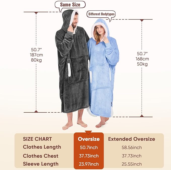 yescool Wearable Blanket Hoodie, Flannel Sherpa Fleece Blanket Sweatshirt for Adults Women Men,One Size Fits All