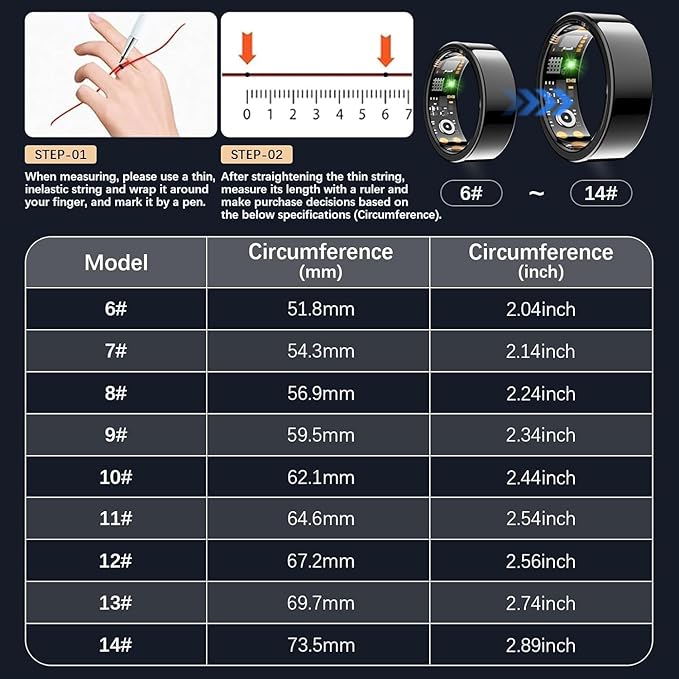 Smart Health Ring for Women Men, Fitness Tracker Ring with Heart Rate, Blood Oxygen, Sleep Tracker, Step Tracker, No Subscription Fee, IP68 Waterproof Smart Ring for iPhone & Android (Black, 8#)