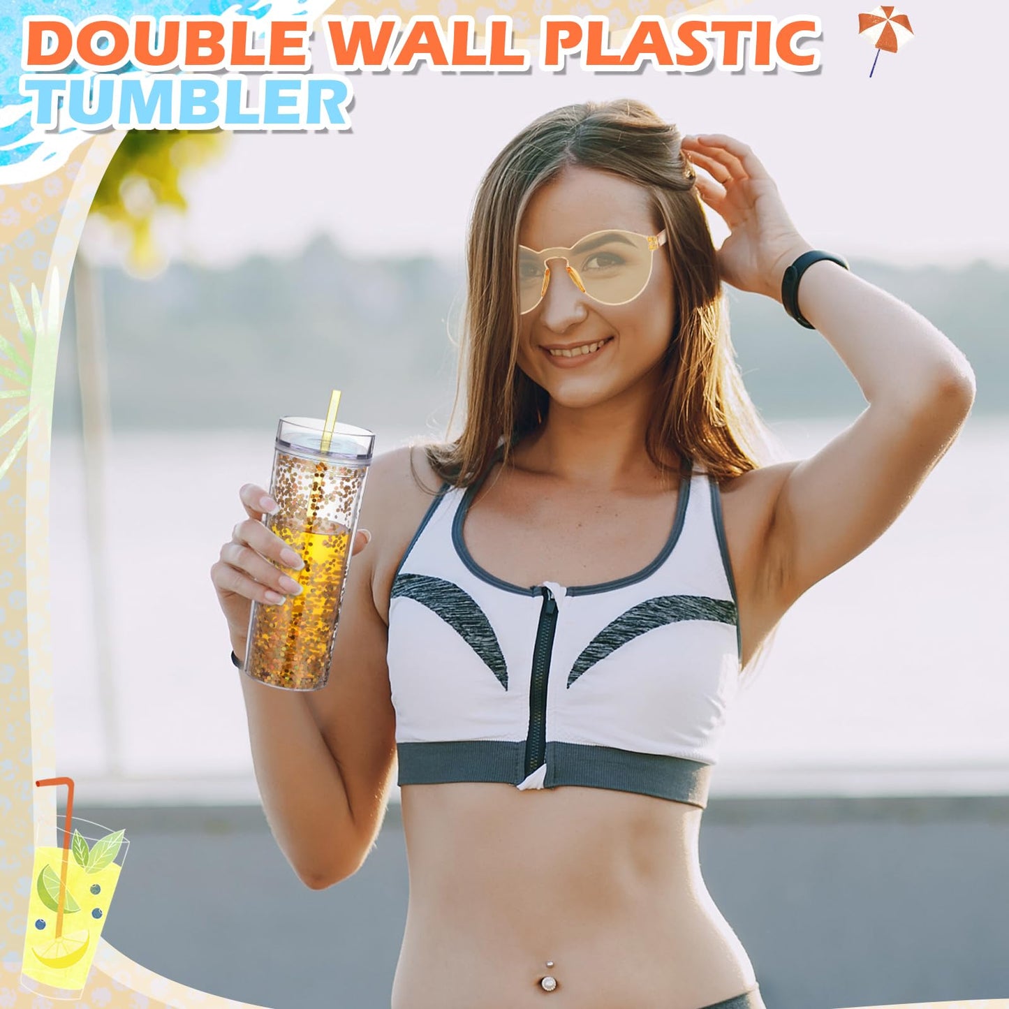 Reallnaive 16 Pcs 16 oz Plastic Snow Globe Tumbler and Neon Sunglasses Set Double Wall Skinny Tumblers with Lid and Straw Glitter Snow Globe Cup for Summer Travel Home Drink Birthday Party Gifts