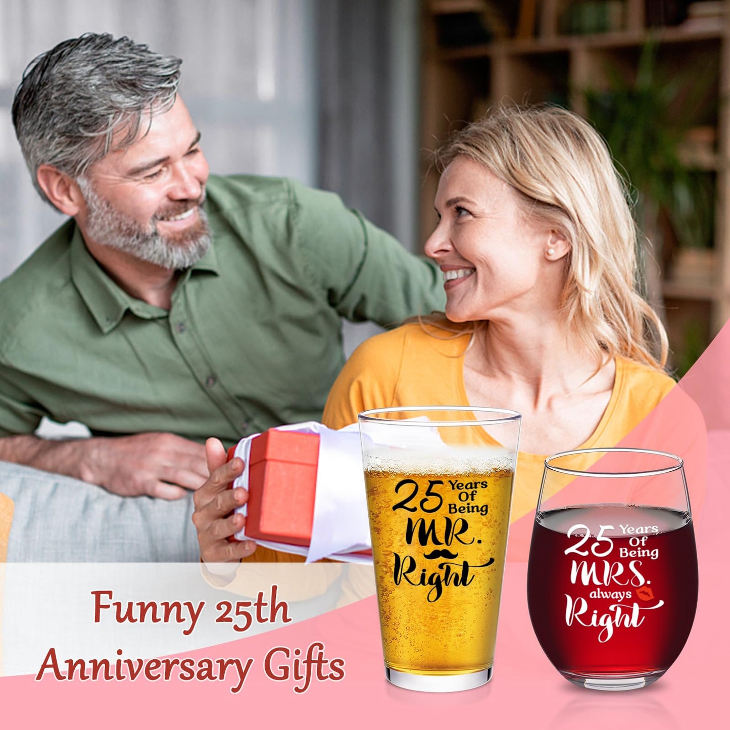 Futtumy 25th Anniversary Glass Gifts Set, 25 Years of Being Mr Right & Mrs Always Right 17oz Wine 15oz Beer Glass, 25th Wedding Anniversary for Wife Husband Couple Parents Grandparents Friends