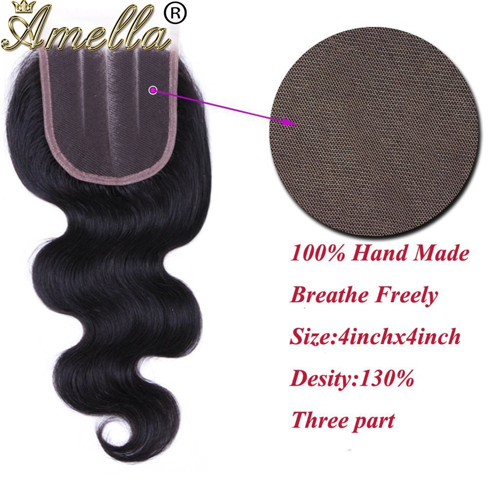 Amella Hair 8A Grade Brazilian Virgin Hair Body Wave 3 Bundles with Closure (14 16 18+14Closure,Three Part) 100% Unprocessed Bra