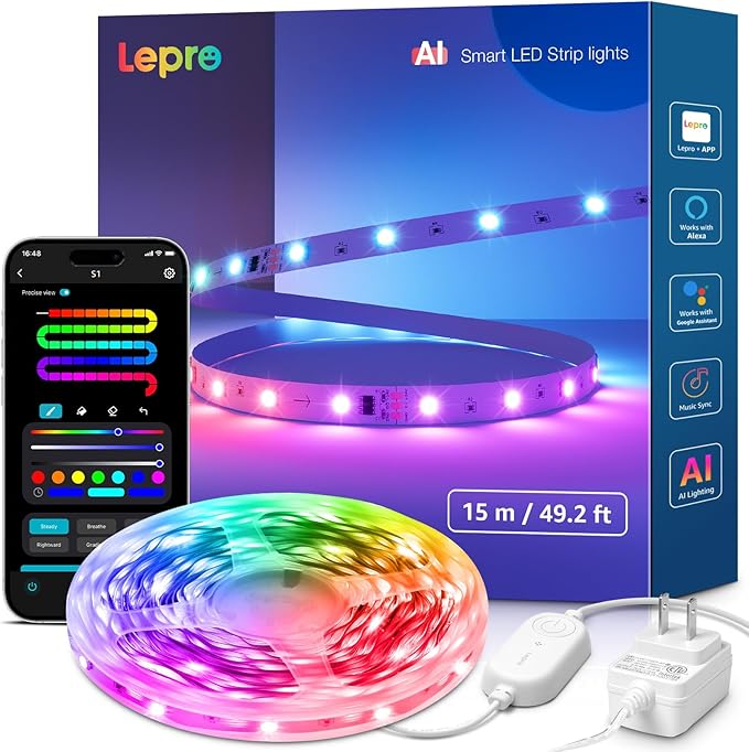 Lepro S1 AI LED Strip Lights for Bedroom - 50ft Smart RGB Light Strips with IC and Rainbow Chasing Effects, Color Segment ...