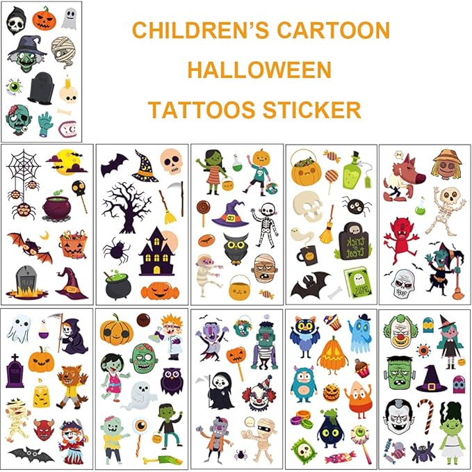 Halloween Temporary Tattoos for Kids, 120 PCS Halloween Prizes Assorted Goodies Party Favor Gifts for Boys Girls Bag Stuffers, Cartoon Pumpkin Witch Fake Tattoo Stickers Decorations Face Makeup Adults