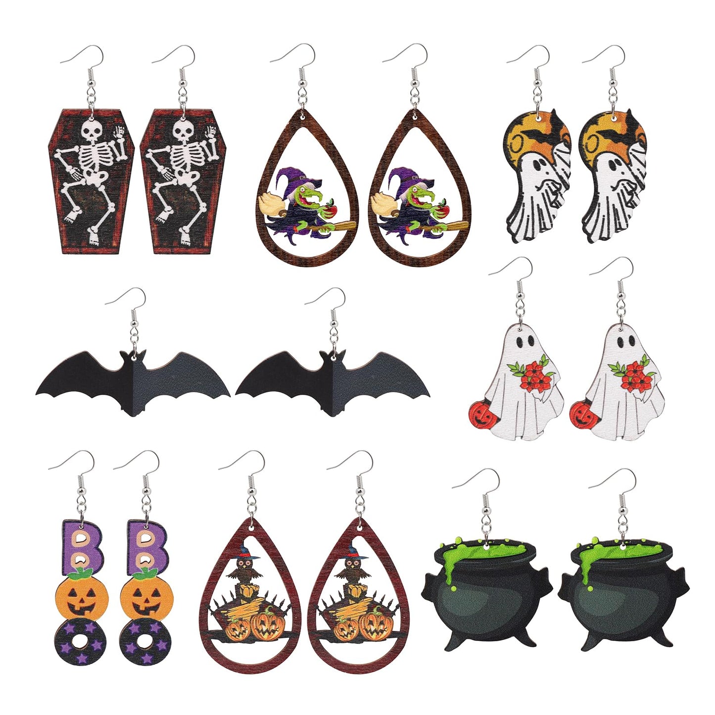 Risyfjew 8 Pairs Halloween Earrings for Women Lightweight Wooden Halloween Drop Dangle Earrings Pumpkins Ghosts Bats Cute Gifts Jewelry for Women
