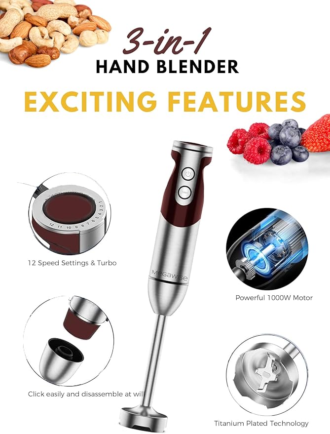 MegaWise Pro Titanium Reinforced 3-in-1 Immersion Corded Hand Blender, Powerful MOTOR with 80% Sharper Blades, 12-Speed Corded Blender, IncludingWhisk and Milk Frother (3-in 1 Red)