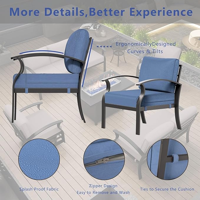 RTDTD Aluminum Outdoor Patio Furniture Set,5 Pieces 7 Seats Patio Conversation Sets with 45" Propane Fire Pit Table,Metal Patio Sectional Furniture Set w/5.1" Cushions,Navy Blue
