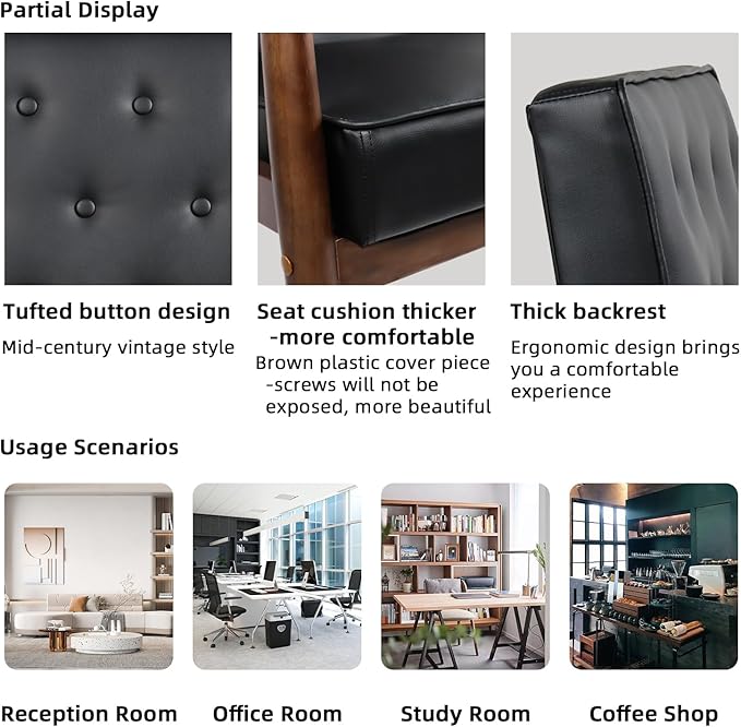 STHOUYN Mid Century Modern Chair, PU Leather Accent Chair Set of 2 with Wood Arms, Living Room Chairs, Reading Armchair for Bedroom, Waiting Room, Office (2, Black 1)