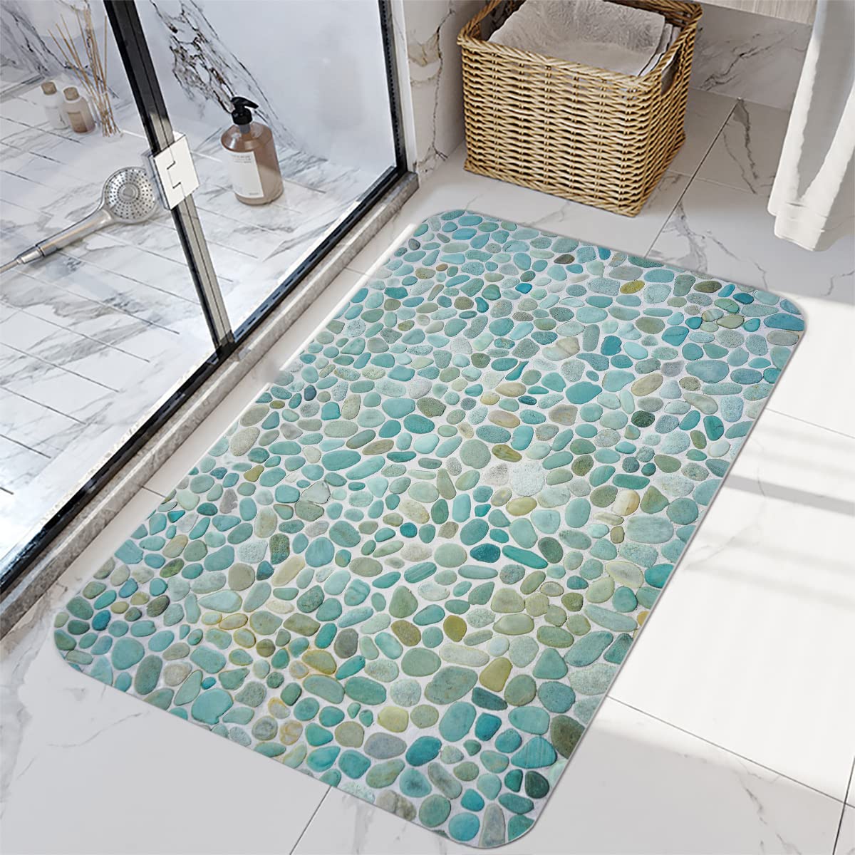 LYFANS Bathroom Uses Absorbent Non Slip Bath Mats, Kitchen Floor Mats, Artistic Small Stone 3D Carpets (24x16 Inches), and Flannel Memory Sponge Floor Mats for Bedside Living Rooms.