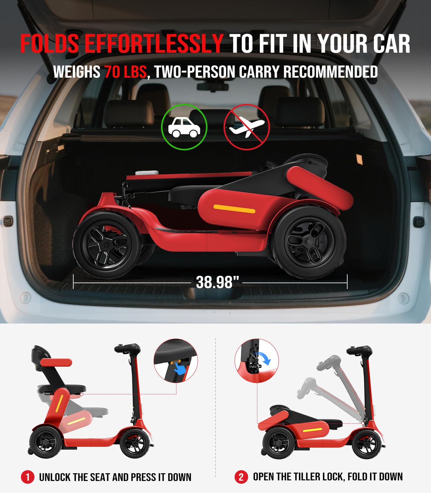 Glashow S3 Foldable Mobility Scooter for Seniors and Adults – 4-Wheel Lightweight Electric Scooter, 25-Mile Range, 6 mph Max Speed, 265 lb Capacity, PAI Safety System for Outdoor Travel- Red