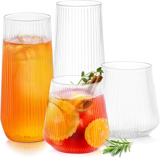mwellewm 48 Pcs Plastic Wine Glasses Disposable Ribbed Cocktail Cups Set 9 OZ Stemless Champagne Flutes 12 OZ Origami Shat...