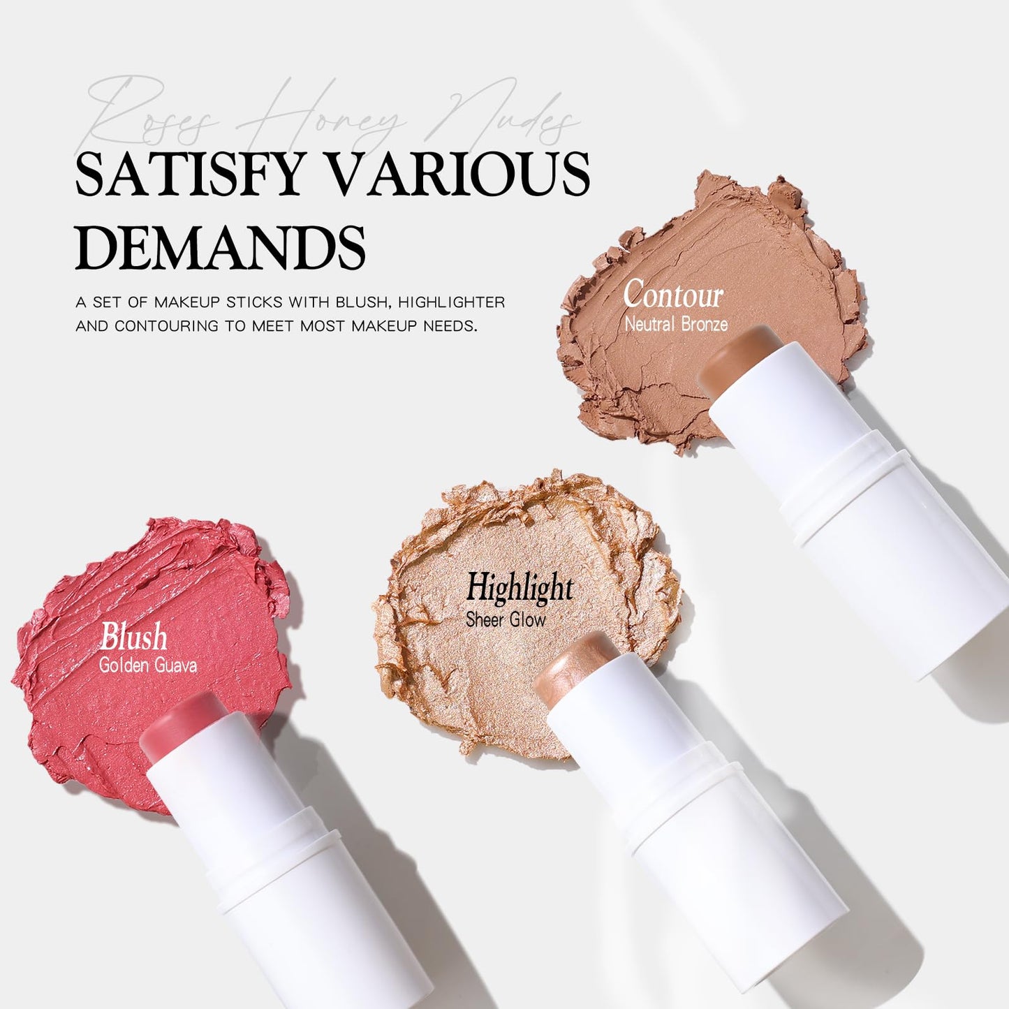 bayfree 3 PCS Makeup Cream Contour Stick Set, Highlighter Stick & Bronzer Stick & Blush Stick, Long Lasting, Natural Face Contou