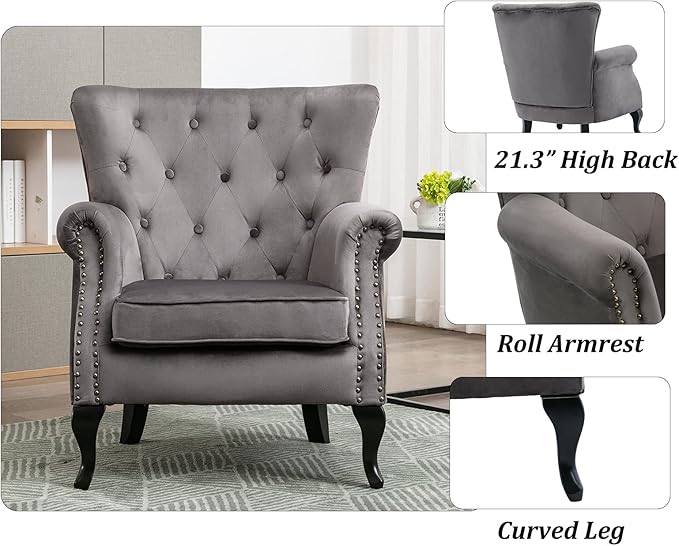 DM Furniture Set of 2 Mid-Century Modern Accent Chair, Velvet Armchair w/Tufted Back/Wood Legs, Upholstered Lounge Arm Chair Single Sofa for Living Room Bedroom, Grey