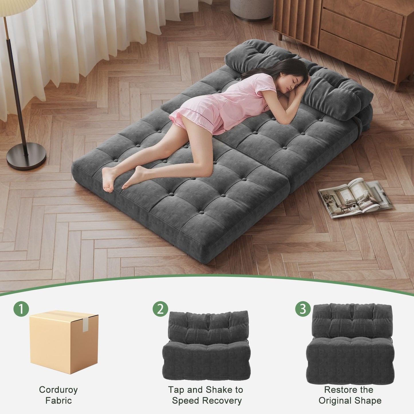 Garvee Folding Sofa Bed, Futon Sofa Bed, Floor Folding Couch for Living Room, Convertible Sleeper Chair with Pillow Foldable Mattress Back Support, Portable Fold Out Couch, Full Corduroy Dark Grey