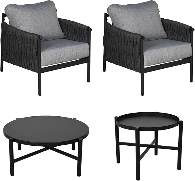 Grand patio 4-Piece Outdoor Furniture Set, Outdoor Sofa Set with 2 Round Side Tables, Modern Metal Patio Couch with 6-inch Thick Waterproof Cushions for Porch Deck Backyard, Grey