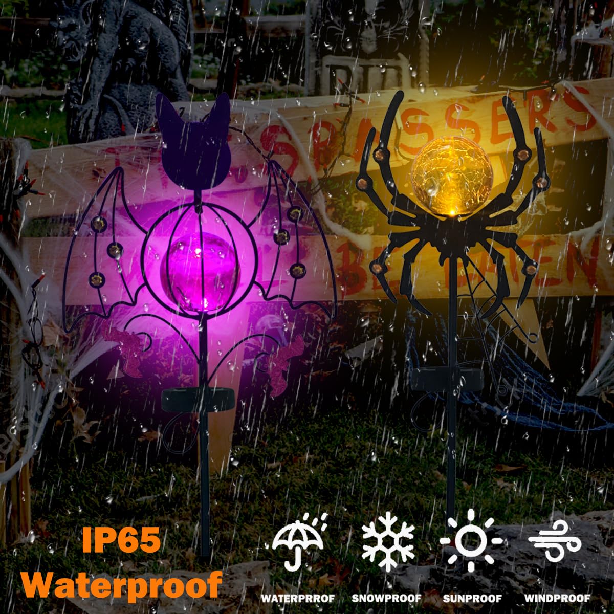 Solar Halloween Yard Decorations, Outdoor Solar Garden Metal Stake Lights, Funny Spider & Bat Stake with Crackle Glass Ball LED Lights Halloween Outdoor Decorations, Set of 2