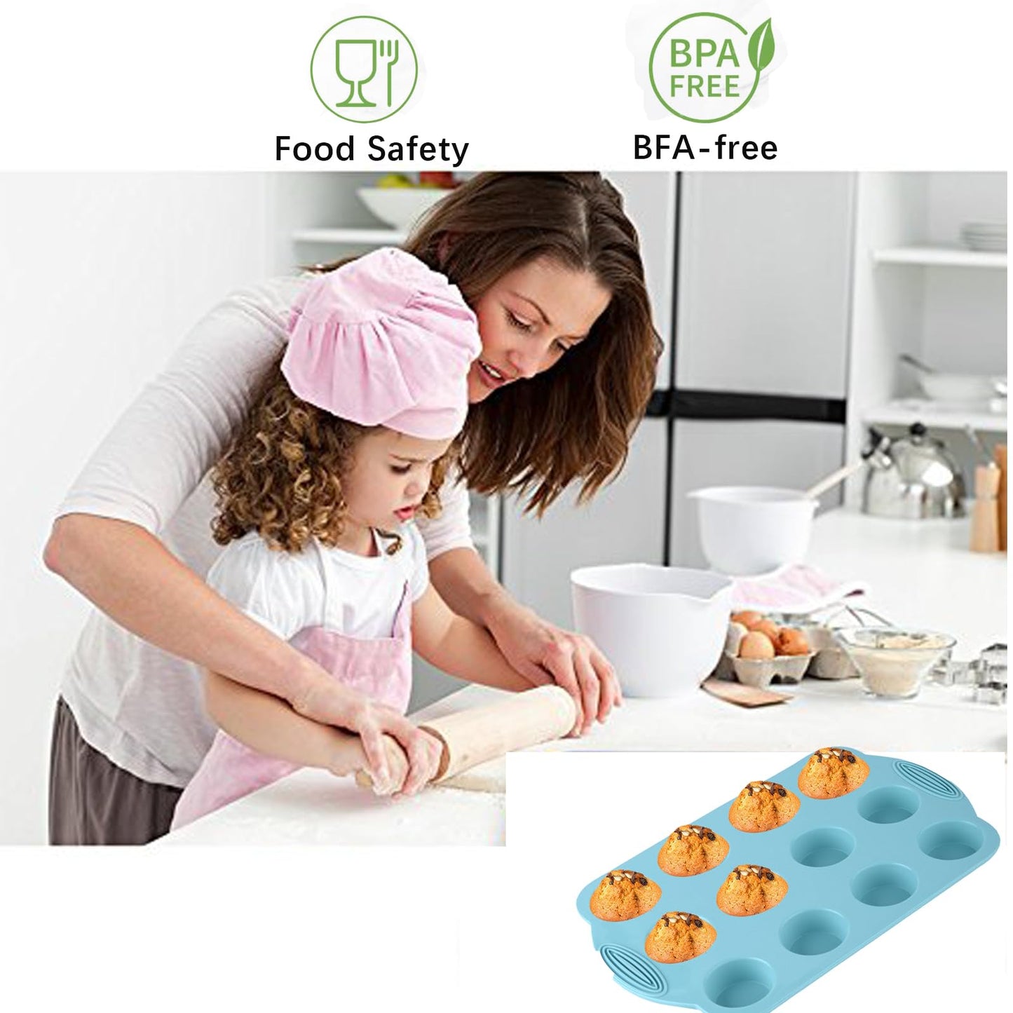 DIYOHFE 2 Pack Silicone Muffin Pan - 12 Regular Size Cups Muffin Pan, Non-Stick Cupcake Pan Great for Homemade Muffins,Cupcakes, Muffin Cakes, Oven and Dishwasher Safe BPA Free（Blue）