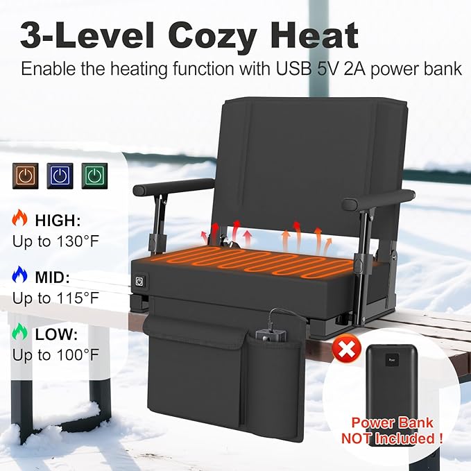 HOPERAN Heated Stadium Seats for Bleachers with Back Support - 3 Levels Heating Bleacher Chairs with Back and Cushion with Armrest, Thick Padded Bleacher Seats, Stadium Chair with Shoulder Strap