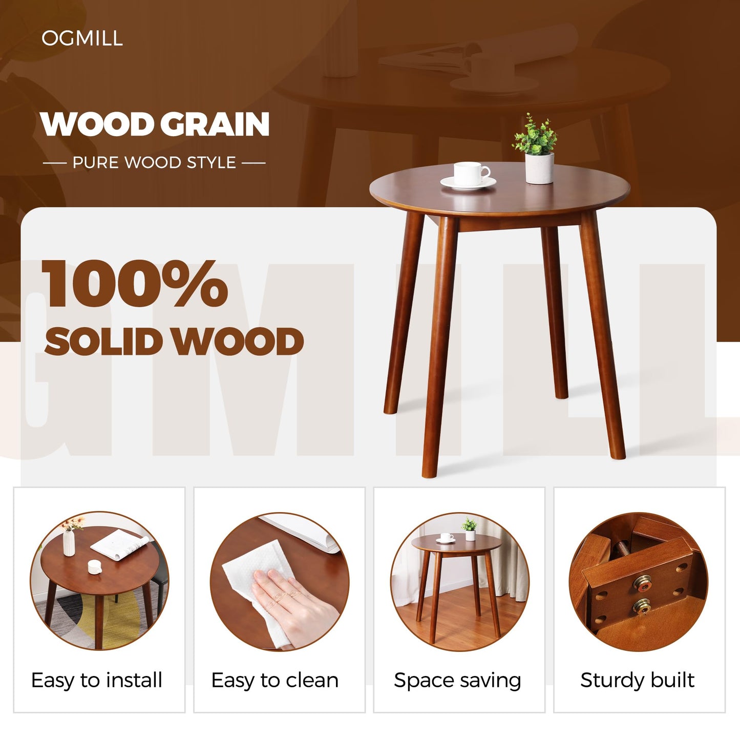 28.3" Small Round Dining Table for 2, Wooden Space-Saving Kitchen Dinner Table Rustic Wood Dining Table Mid Century Modern Kitchen Table (Brown)