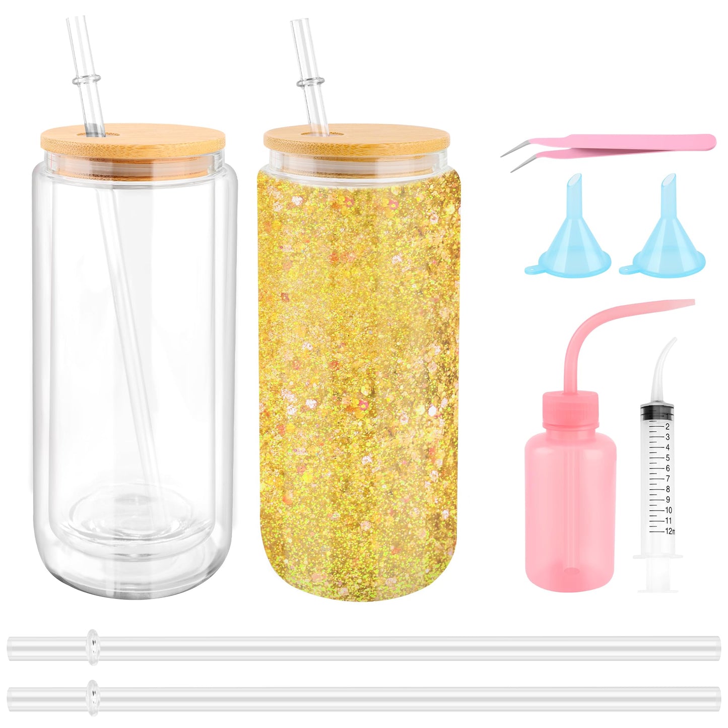 7 PCS Snow Globe Tumbler Supplies, Anglecai Snow Globe Cup DIY Tool for Glitter Snow Globe Kit with 2P 16oz Pre Drilled Double Wall Cup, Squeeze Bottle, 2P Funnel, Tweezer, Bent Syringe