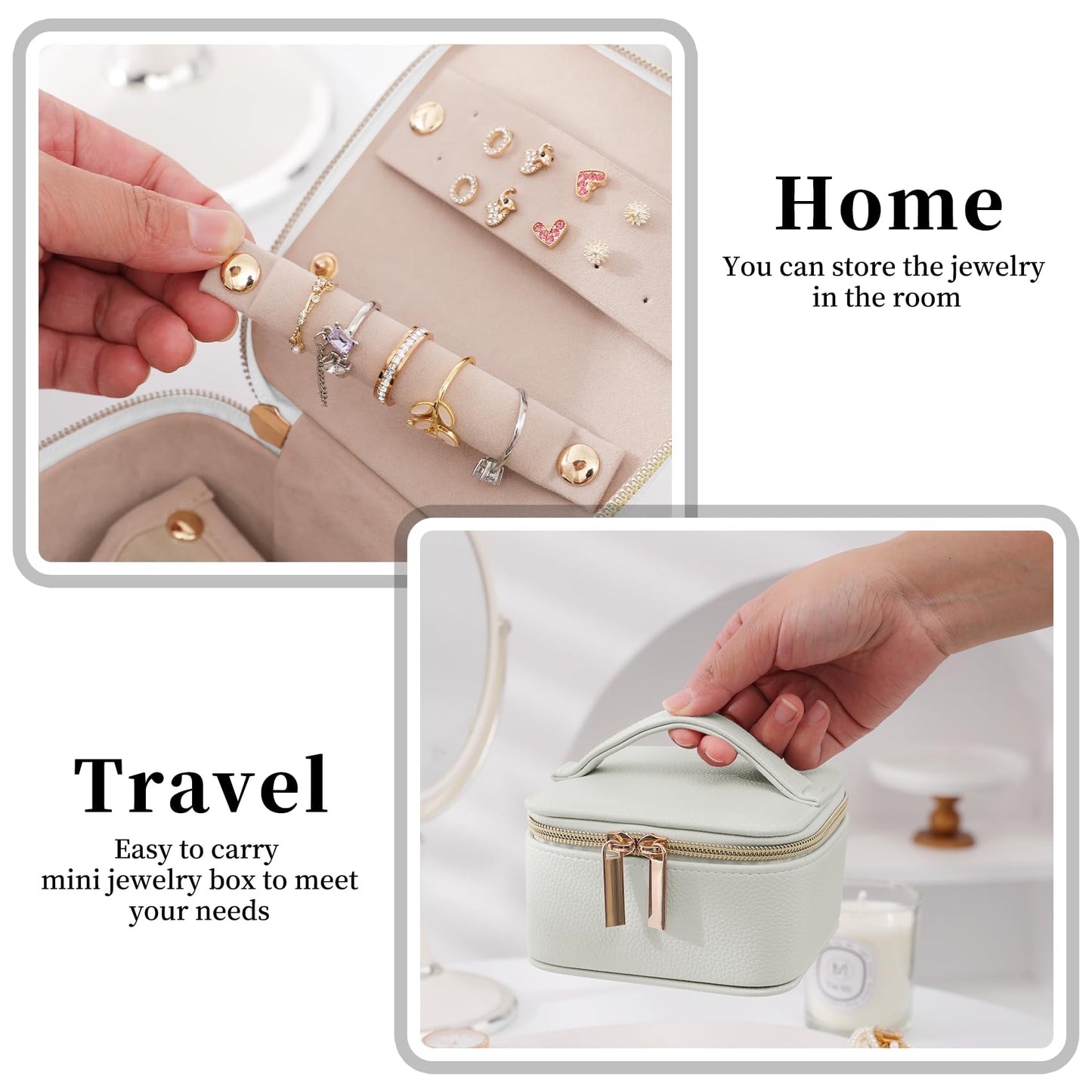 BcePce PU Leather Travel Jewelry Organizer Case with 4 Pouches & Handle, Anti-Tangle Storage Box for Necklace, Earrings, Rings, Compact Jewelry Box for Women Gift (Beige)