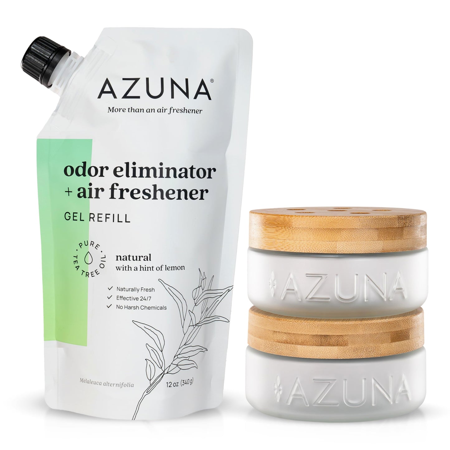 Azuna Air Freshener & Odor Eliminator for Strong Odor | 2 Room Kit Includes (2) 8 oz. Empty Luxe Glass Jars & 12 oz | Refill with Tea Tree Essential Oil Gel | Natural Scent | Last 60-90 Days