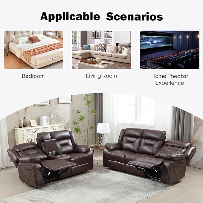 EBELLO Manual Recliner Sofa Set, Faux Leather Reclining Living Room Furniture Set, Included Loveseat and 3 Seat Manual Recliner Sofa, Dark Brown(Loveseat+Sofa)