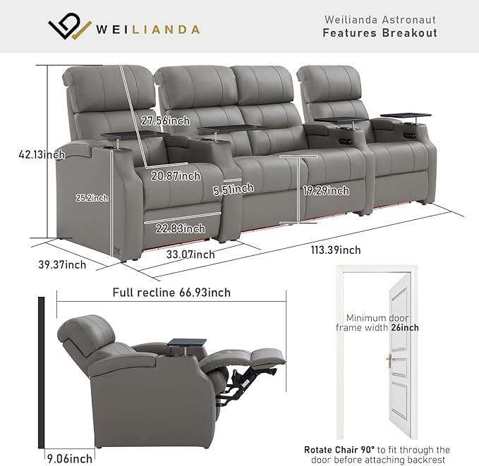Weilianda Home Theater Seating, Top Grain Leather Sectional Seats Recliner Chair, Zero Gravity Reclining Sofa with Power Headrest 7 Colors Ambient Lighting USB C Charge Row of 4 Loveseat Middle Grey