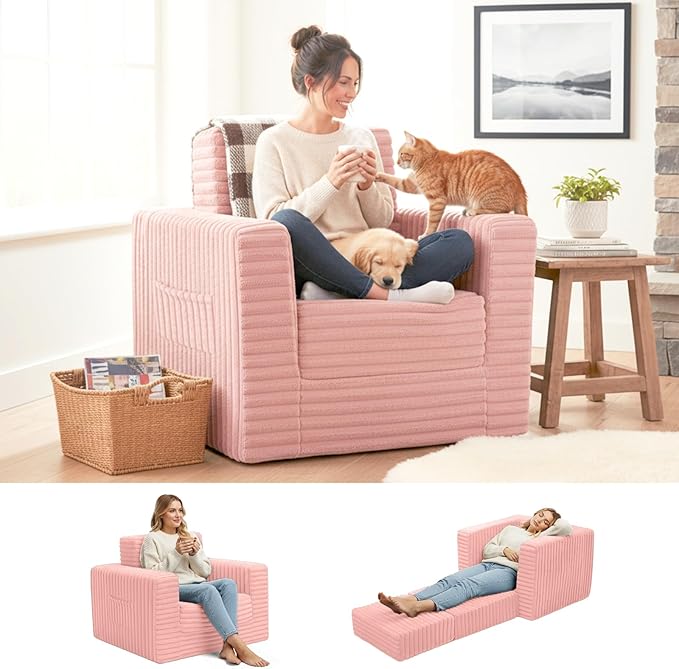 Welnow Folding Sofa Bed with Ottoman, Convertible 2-in-1 Boneless Couch Futon Lounge Chair Bed for Adults, Comfy Fold Out Sleeper Sofa for Small Spaces, Living Room, Bedroom, or Dorm, Pink
