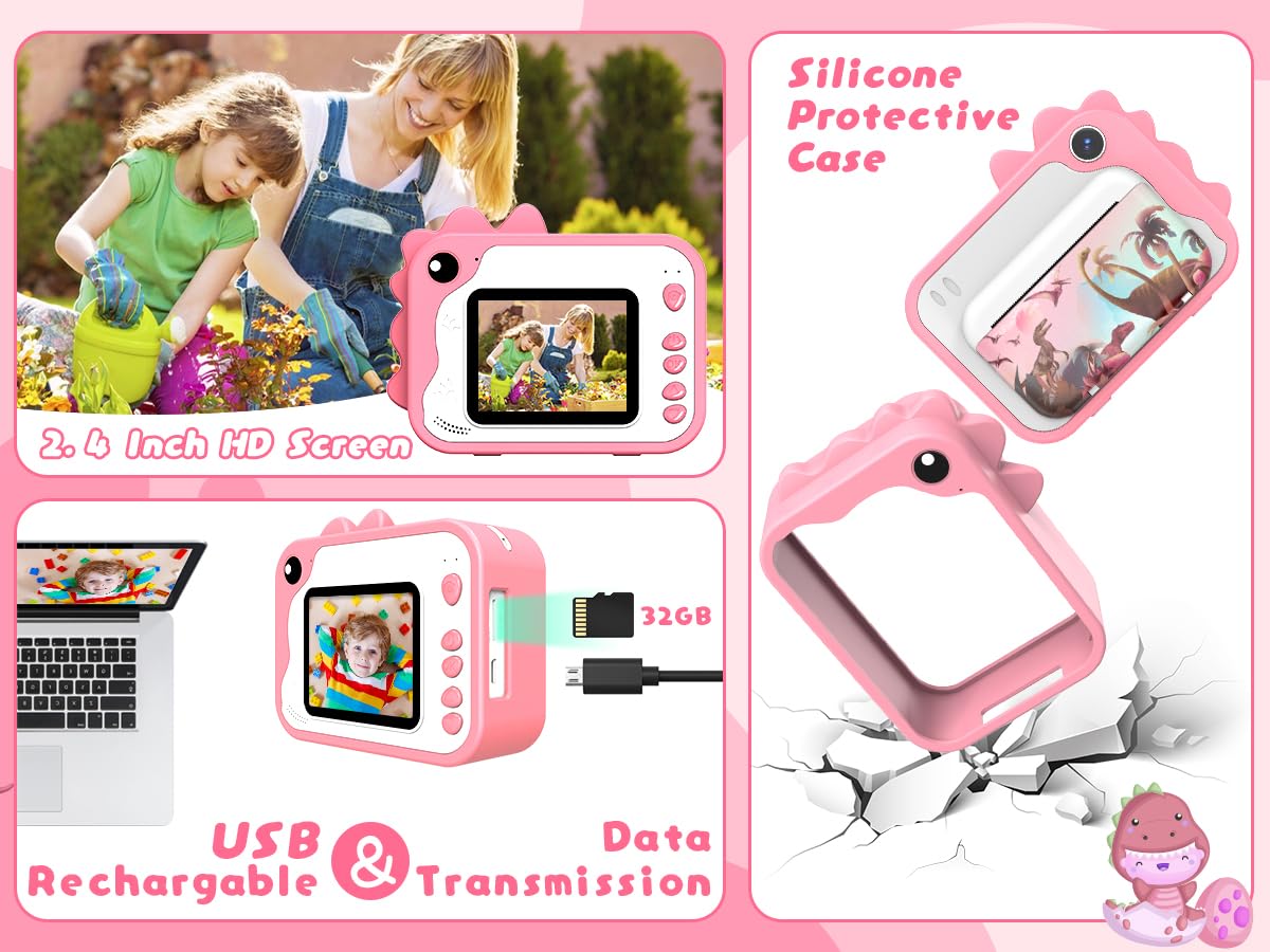 Kids Camera Instant Print, Dinosaur Instant Print Camera for Kids with 1080P Video, 32GB SD Card, 240 Photos, Christmas Birthday Gifts for Boys Girls Ages 3-12 (Pink)