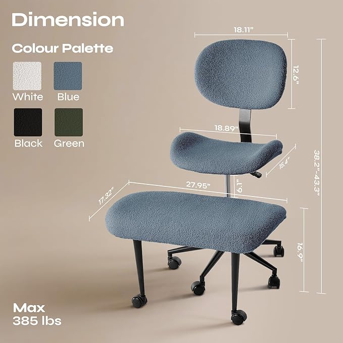 Cross Legged Office Chair with Wheels for ADHD, Ergonomic 360° Swivel Height-Adjustable Meditation Chair for Yoga, Wide Kneeling Chair with Strong Lumbar Support, Teddy Fabric, Blue