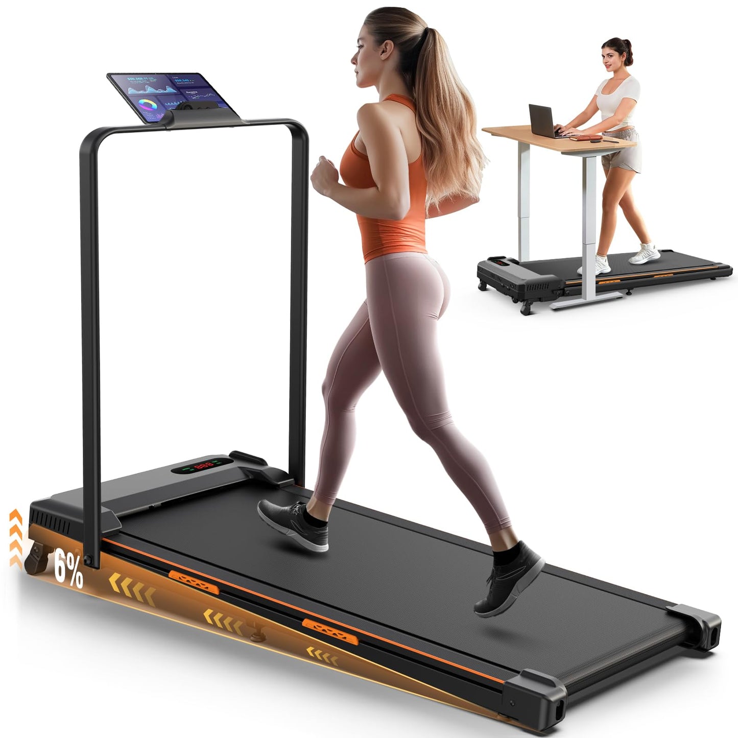 FUNMILY Folding Treadmill with Handles, Foldable Walking Pad Treadmill with Incline and Adjustable Handrails, 3 in 1 Under Desk Treadmills for Home 300 lb Capacity, Running Machine with Handle Bar