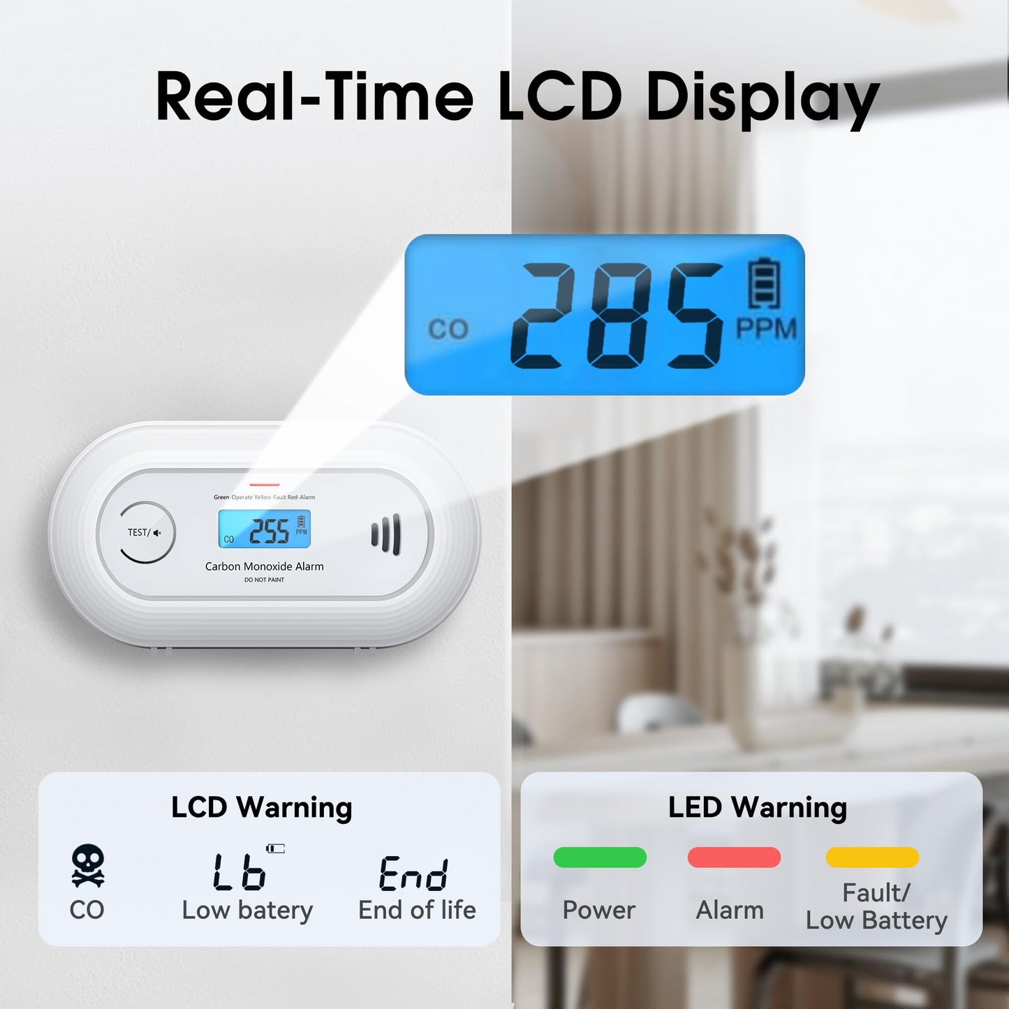Carbon Monoxide Alarm Detector, 10-Year Sealed Battery Travel CO Detector with Digital LCD Display, Battery Powered CO Alarm for Home, Office and Travel