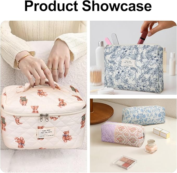 Quilted Makeup Bag,Large Cosmetics Bag Set,Cotton Coquette Floral Make up Pouch,Travel Toiletry Bag for Women