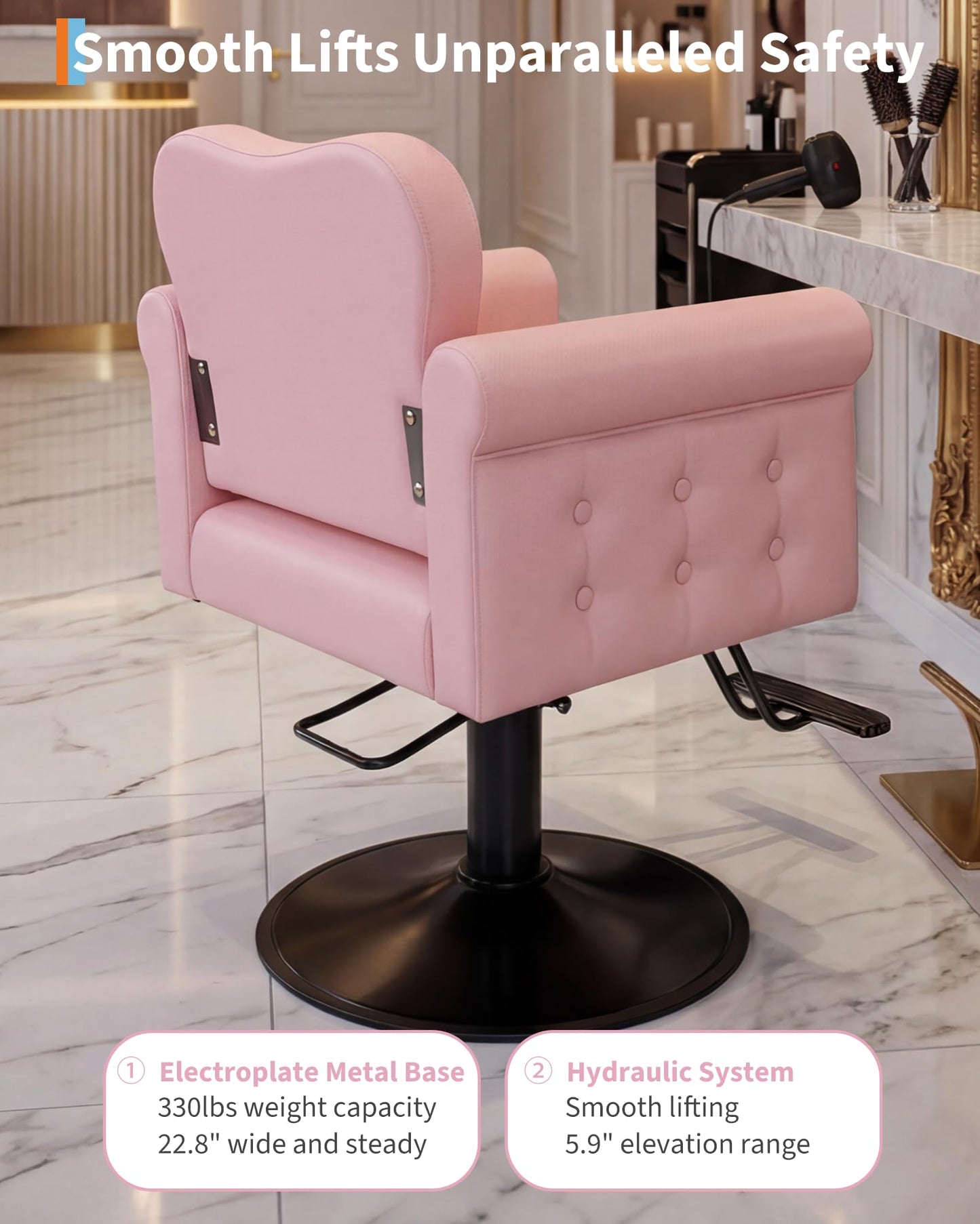 Salon Chair for Hair Stylist, Barber Hair Styling Chair with Height Adjustable Hydraulic Pump, 360 Degrees Swivel with Lock, High-Density Foam & PU Leather for Beauty, Max Load Weight 330 Lbs- Pink